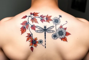 Create a vine with Maple leaves in red, orange and brown and gerbera daisies connected with thin swirly lines. Add in a dandelion wish and a dragonfly tattoo idea