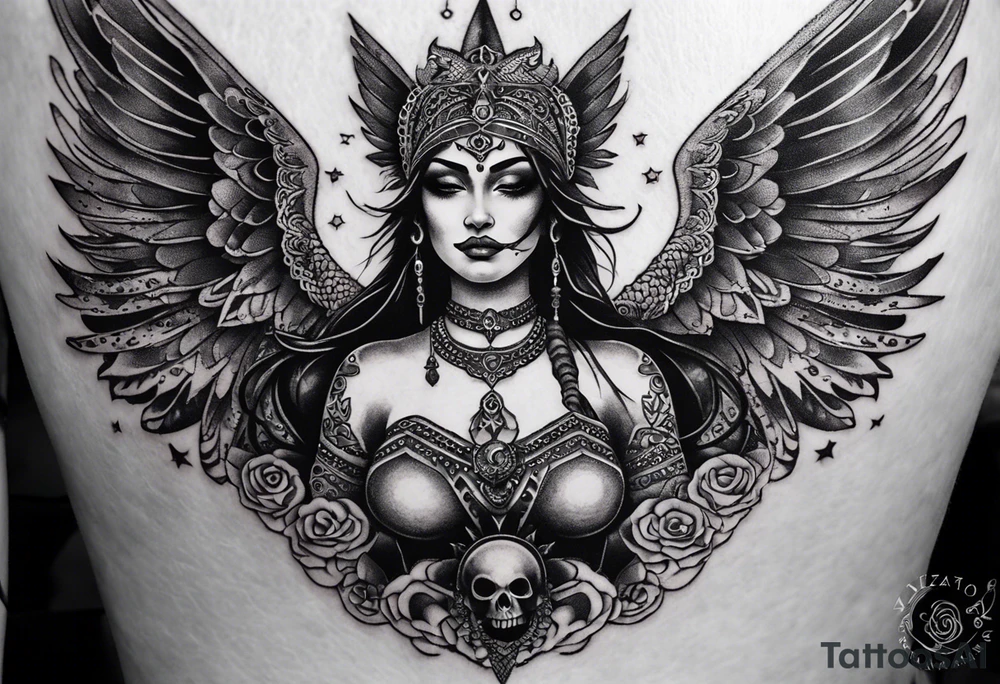 black kali, goddess pirate, alien, angel, pachamama, valkrye, warrior, flying, skull, lotus azul, wing, eagle, zenza resonance, stars, 5D, anahata chakra, death, durga, riding on a tiger, flying lady, chest tatoo tattoo idea