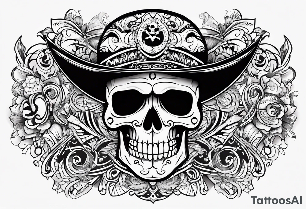 A cartoon pirate skull and around the skull tribal maori lines and figures tattoo idea