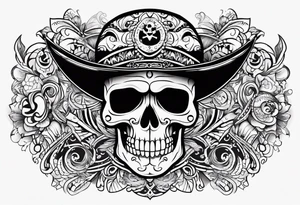 A cartoon pirate skull and around the skull tribal maori lines and figures tattoo idea