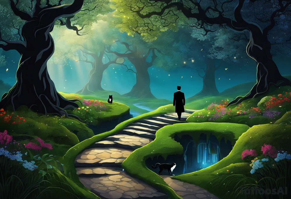 A winding uneven stone path, either side is mystical looking flora and tree roots, the path ends in a bundle of treee roots that turn into a galaxy. walking the path is a black sillouette of a man in a suit with a cat walking next to him, spread out randomly along the design are three other cat silhouettes hiding in the borders. at the very end of the path is a black silhouette of a woman in a dress holding an umbrella facing to her left.

this needs to work as a full sleeve tattoo tattoo idea