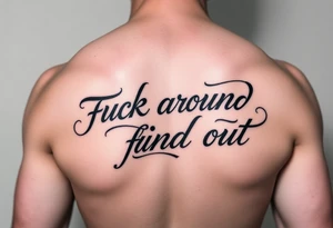 Fuck around and find out script tattoo with fancy outline for motorcycle gas tank tattoo idea
