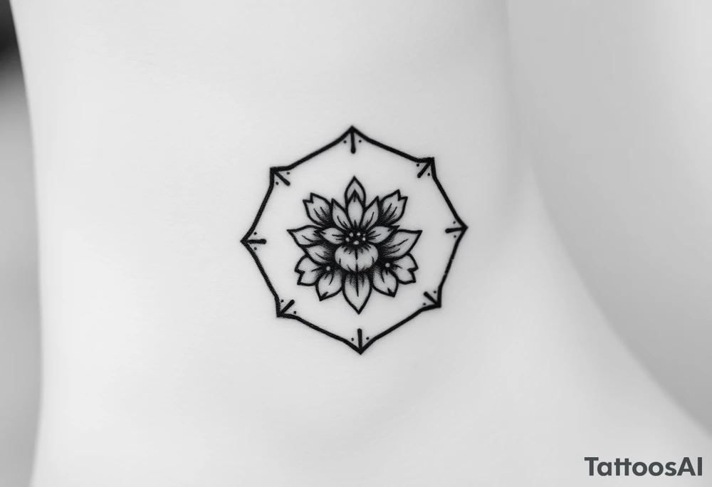 Hexagon with astrological sign for Leo, larkspur and water lilies in the center tattoo idea