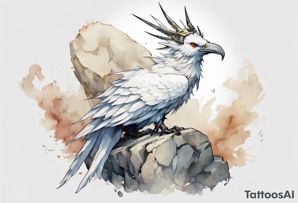 a white bird-wyvern hybrid, wearing a plain iron crown, perched on a stone tattoo idea