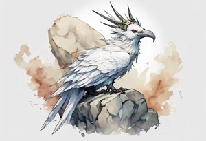 a white bird-wyvern hybrid, wearing a plain iron crown, perched on a stone tattoo idea