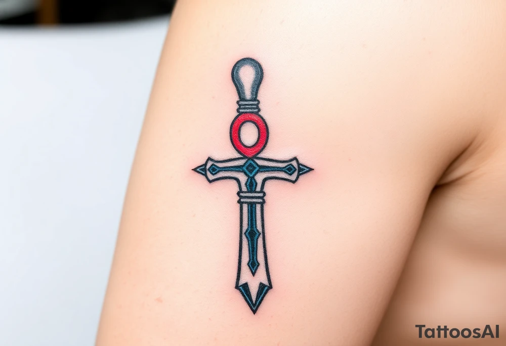 A Hand Holding an Ankh with a Name Written Inside(only red , blue and black are possible colors) tattoo idea