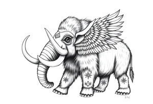 A horned woolly mammoth with ears that resemble the wings of a falcon and covered in Egyptian symbolism tattoo idea