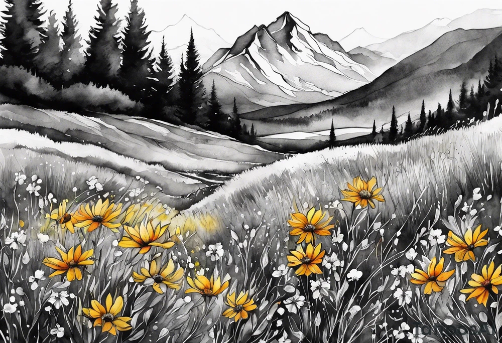 straight line - wildflower in watercolor represents overcoming challenges & strength - mountains, waves with a little sunshine tattoo idea