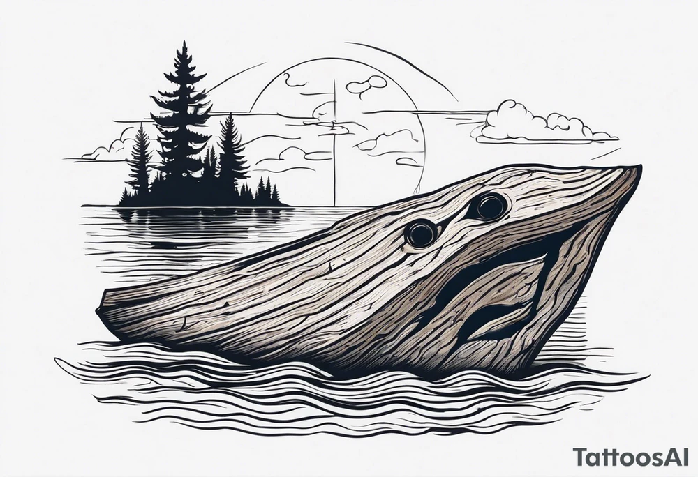 piece of driftwood underwater with duke written in the wood tattoo idea