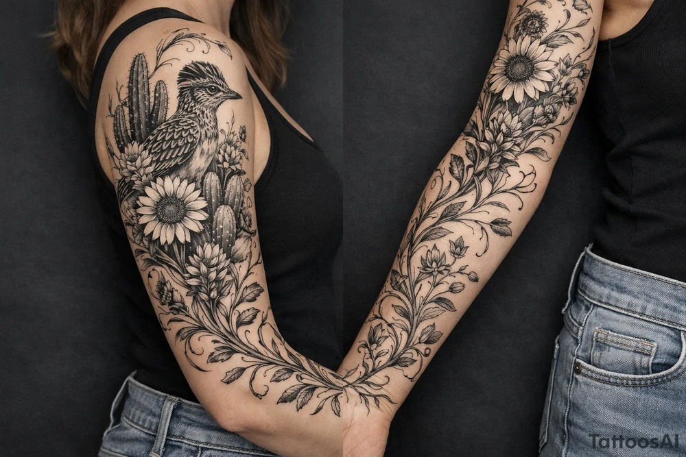 Medium size roadrunner surrounded by cactus and wildflowers including sunflowers and Indian paint brush flowers from shoulder onto hand with vines tattoo idea