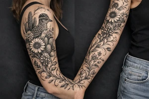 Medium size roadrunner surrounded by cactus and wildflowers including sunflowers and Indian paint brush flowers from shoulder onto hand with vines tattoo idea