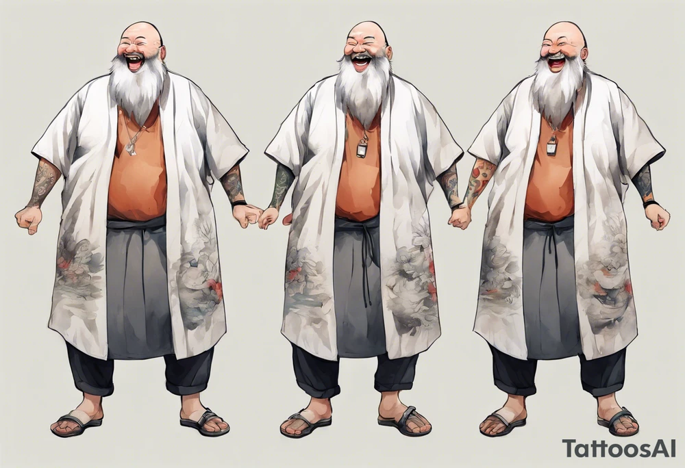full portrait a large man in a tunic with a grey beard laughing tattoo idea