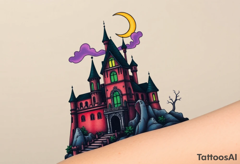 Tim Burton’s disney sleeping beauty’s haunted castle is abandoned and dripping with muted reds, dusty pinks, and eerie green glow.purple and cyan smokey clouds swirl in the crescent moonlit sky thats sprinkled with stars tattoo idea tattoo idea