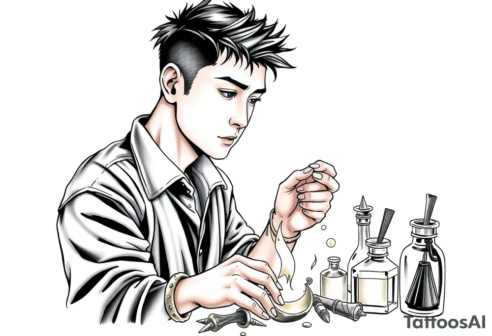 Handsome Asian young adult guy is  accidentally stumbled upon witch tools, supplies, artifacts, potions and exploring it curiously tattoo idea
