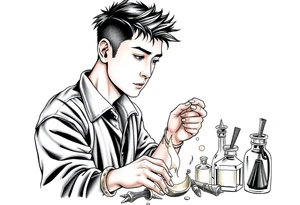 Handsome Asian young adult guy is  accidentally stumbled upon witch tools, supplies, artifacts, potions and exploring it curiously tattoo idea