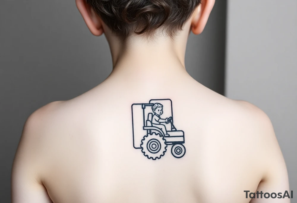 minimalist back view of curly headed toddler son riding a toy tractor with a geometric frame tattoo idea