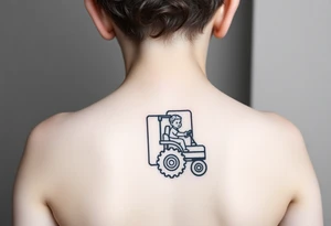 minimalist back view of curly headed toddler son riding a toy tractor with a geometric frame tattoo idea
