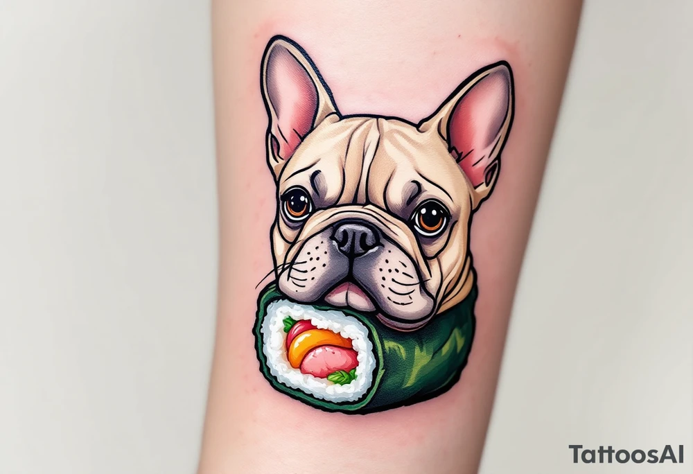 French Bulldog as a sushi roll, fun and whimsical, with beige fur and seaweed wrap drawn in black and green, cheeks tinted pink. tattoo idea