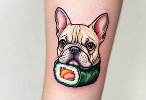 French Bulldog as a sushi roll, fun and whimsical, with beige fur and seaweed wrap drawn in black and green, cheeks tinted pink. tattoo idea