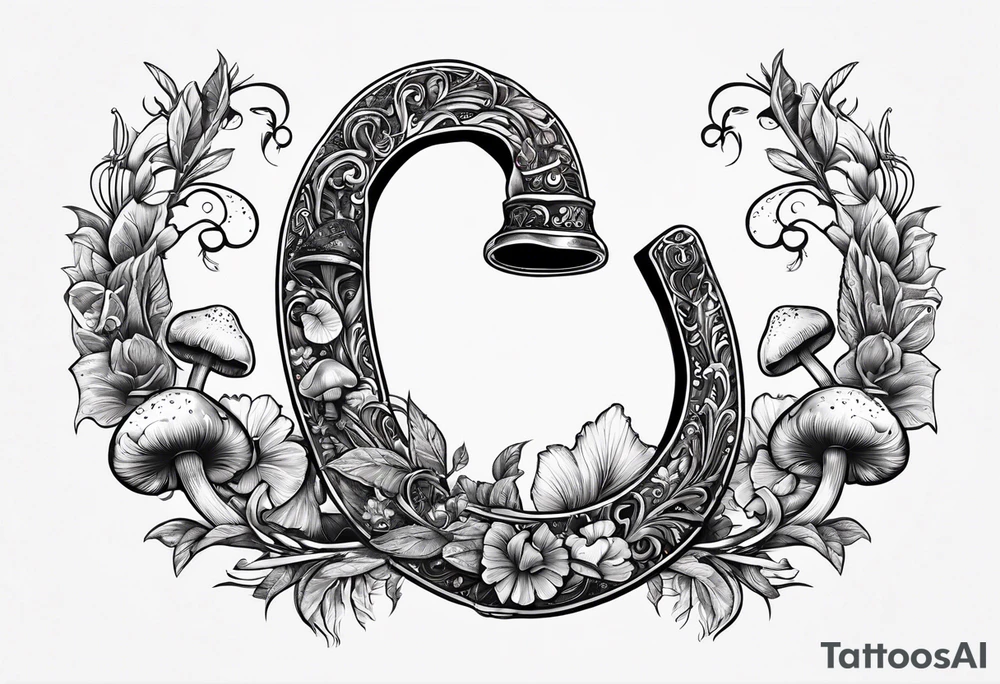horseshoe, with mushrooms and magic vibes, with "lucky" written on the horseshoe tattoo idea