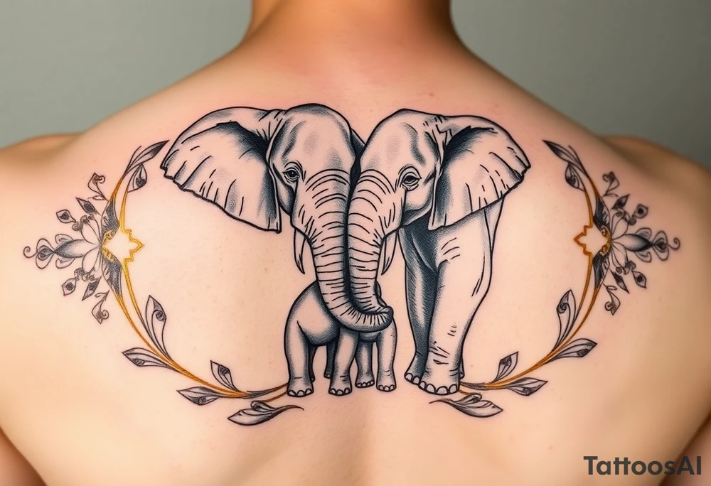 couple of elphants, a mother and a child
 facing foward tangling their trunks
sorrounded by a golden  art frame with beautiful design tattoo idea