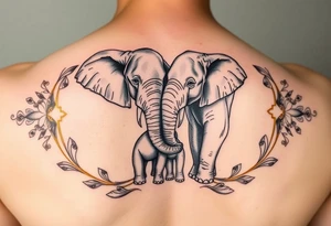 couple of elphants, a mother and a child
 facing foward tangling their trunks
sorrounded by a golden  art frame with beautiful design tattoo idea
