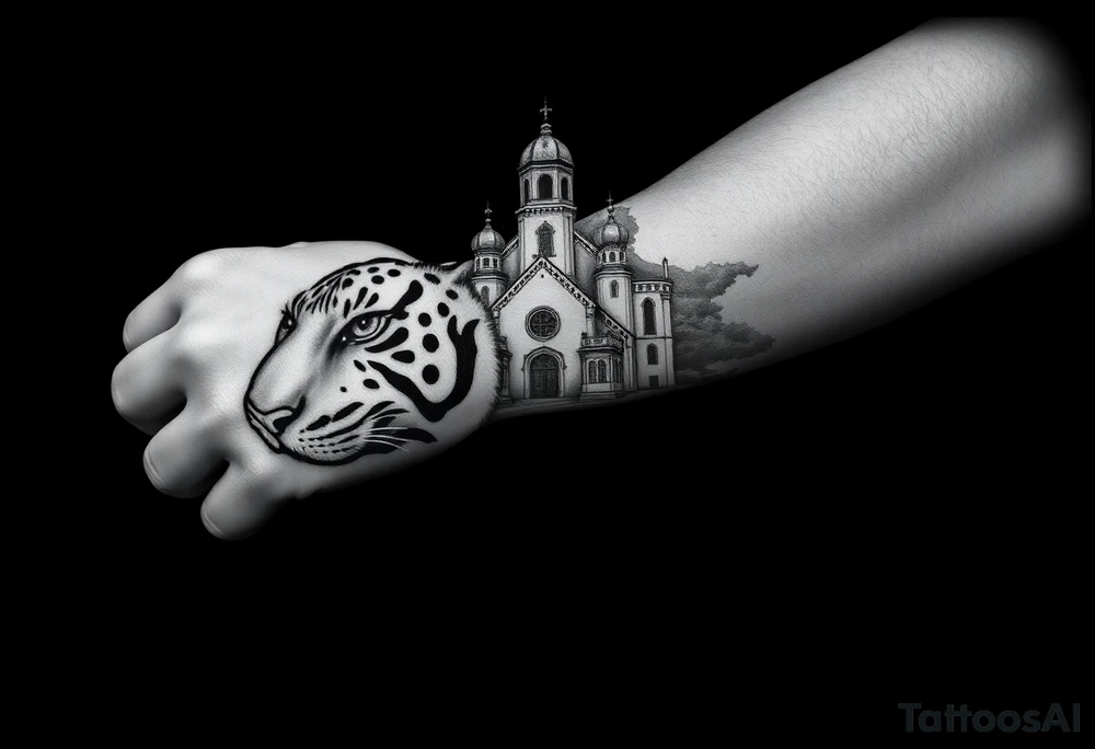 in a dorsal view of the hand and forearm a tiger face on the hand with black hollowed eyes, then above this a orthodox church shrouded with a mist and fading into a virgin mary overlooking tattoo idea