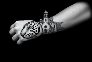 in a dorsal view of the hand and forearm a tiger face on the hand with black hollowed eyes, then above this a orthodox church shrouded with a mist and fading into a virgin mary overlooking tattoo idea