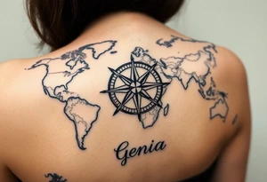 antique compass rose overlaid on weathered world map with name Genia tattoo idea