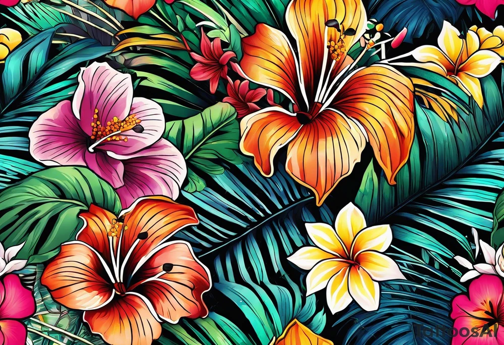 TROPICAL FLORAL, PHILLIGRY, INTRIATE, DETAILED, COLORFUL, BRIGHT, STREETWEAR, URBAN WEAR. CLIP ART tattoo idea