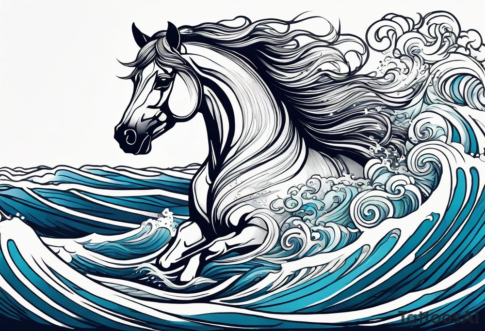 A horse's head rising from the waves of the sea. The mane becomes part of the sea. tattoo idea