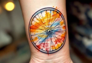 A bicycle wheel with spokes forming a sun, glowing in yellow and gold with subtle gradients for a warm, radiant effect. tattoo idea