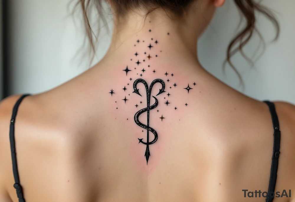 The Virgo zodiac sign in black anchors a trail of pastel-colored stars that form the constellation on the upper spine. tattoo idea