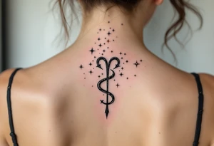 The Virgo zodiac sign in black anchors a trail of pastel-colored stars that form the constellation on the upper spine. tattoo idea