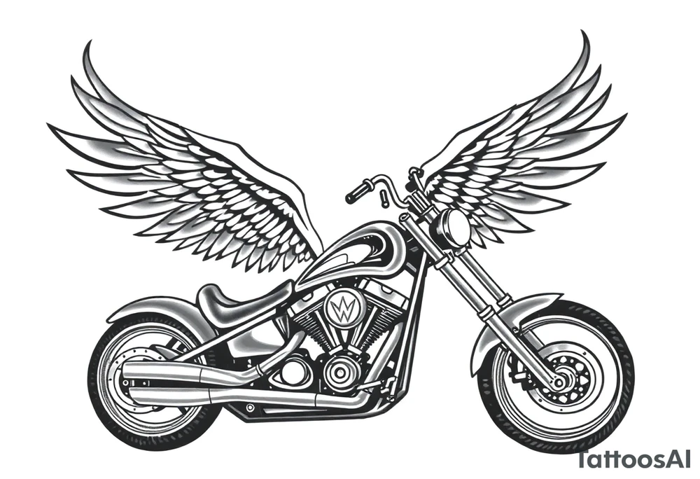 Low rider grey motorcycle, big muffler pipes with flames, angel wings, driving away, no person tattoo idea
