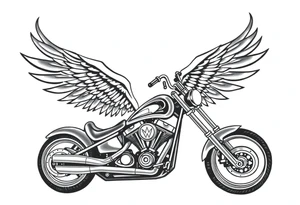 Low rider grey motorcycle, big muffler pipes with flames, angel wings, driving away, no person tattoo idea