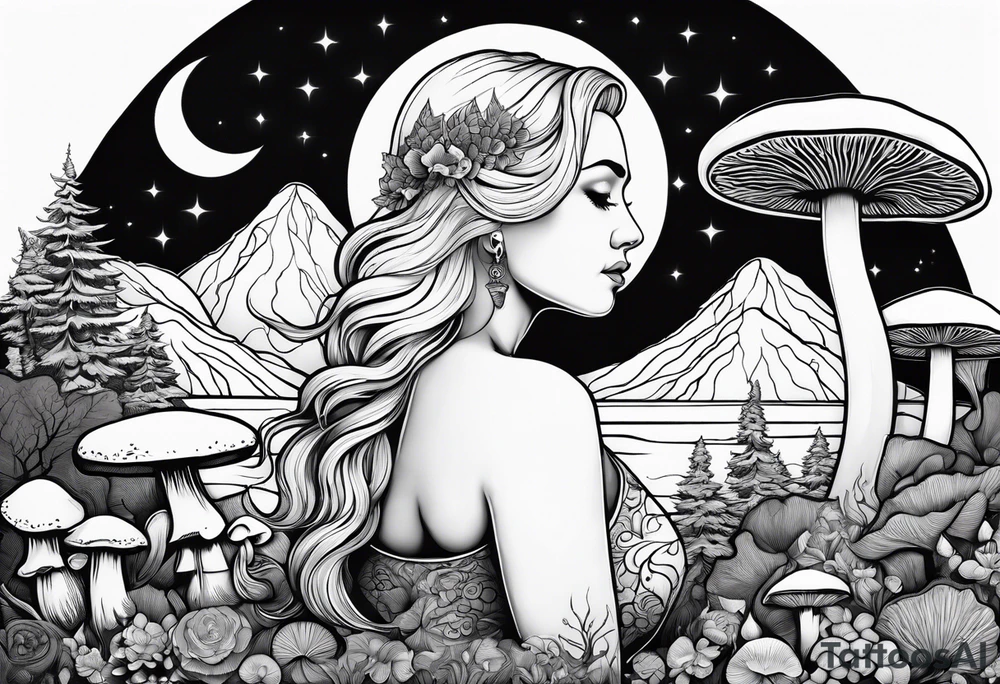 Older blonde fat woman no makeup surrounded by mushrooms mountains crescent moon background tattoo idea