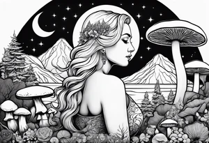 Older blonde fat woman no makeup surrounded by mushrooms mountains crescent moon background tattoo idea