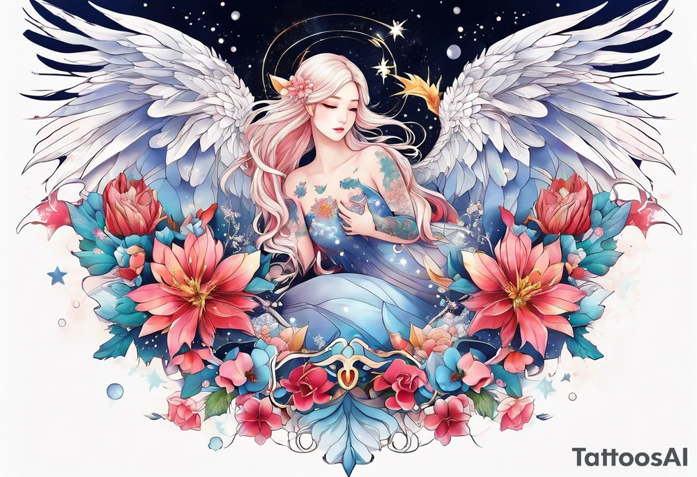 Constellation, wing , snow , cross , dragon female japan kawaii , flower tattoo idea