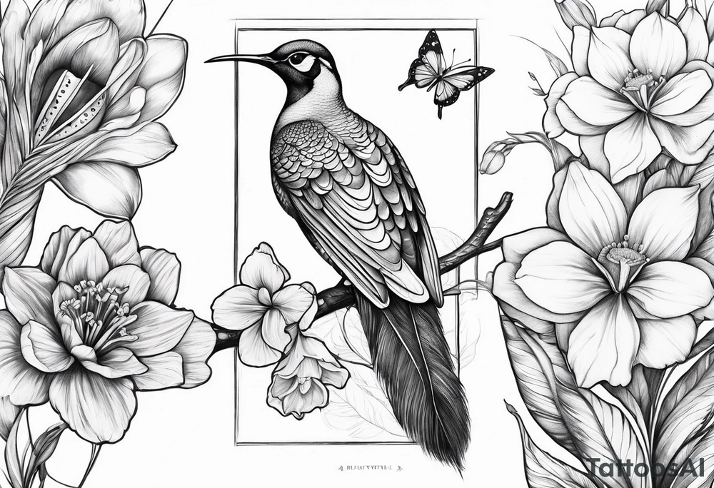 Peacock feather, butterfly, narcissus flower and hummingbird tattoo idea