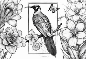 Peacock feather, butterfly, narcissus flower and hummingbird tattoo idea
