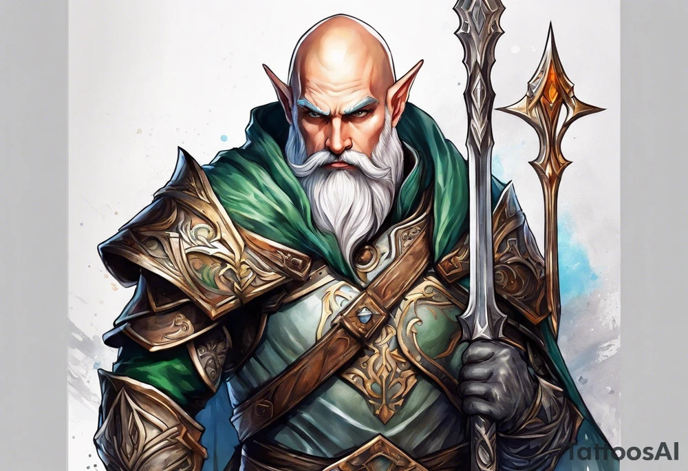 a full-body picture of a human elf, bearded bald male, paladin, on my left forearm tattoo idea