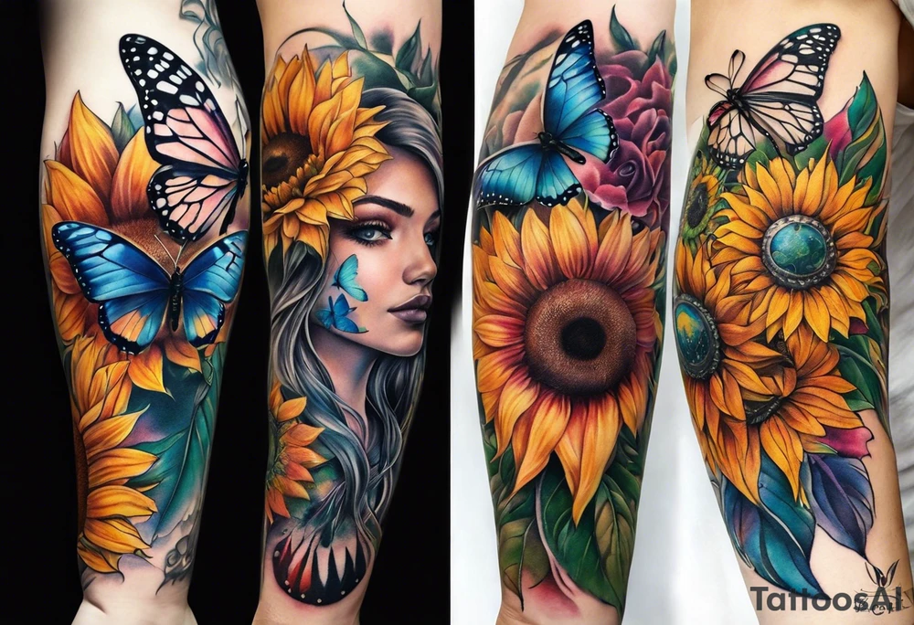 arm sleeve with dreamcatcher, rainbow sunflowers and one butterfly tattoo idea