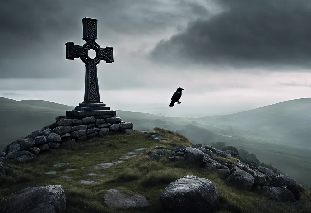 A stone Celtic cross solemnly standing atop a hill, a raven perches atop the cross staring out over the desolation. A ruined stone wall lies crumbling near the cross. Mist rolls along the hilltops adding to the melancholic nature of the scene tattoo idea