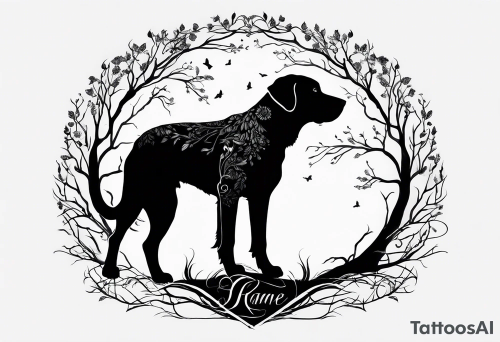 Silouette of a black lab sunder a tree. No detail on lab tattoo idea