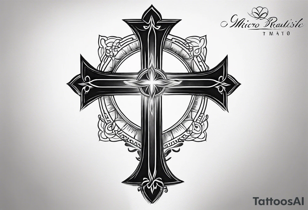 Micro realistic Tattoo: A refined cross with a soft halo surrounding it, symbolizing light and spirituality. Delicate rays extend outward from the halo, adding a subtle glow and depth. The cross itself is simple and elegant, with potential for small, intricate line details within the design. Style: Micro realism tattoo idea