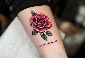 XII•XXX•MCMLXIX underneath a red rose tattoo idea