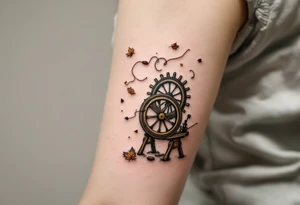 A tattoo of an old spinning wheel in motion, with threads flying, made of aged elm wood, paired with autumn-colored yarn scraps caught mid-air. tattoo idea