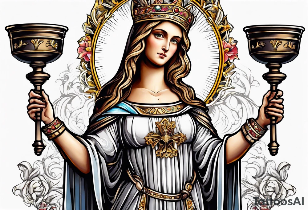 holy saint barbara with canons behind her and a chalice tattoo idea