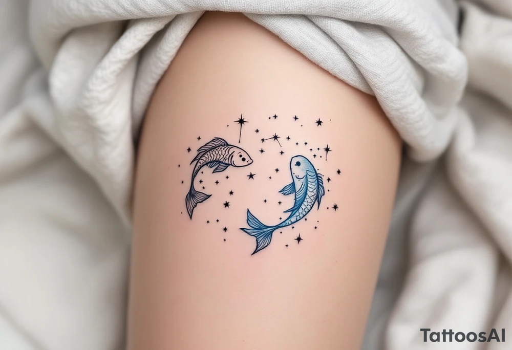 A black-ink Pisces star constellation fading into a soft sky-blue mist. tattoo idea